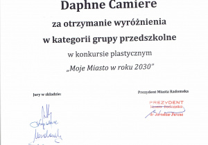 Dyplom za zdobycie wyróznienia dla Daphne Camiere.